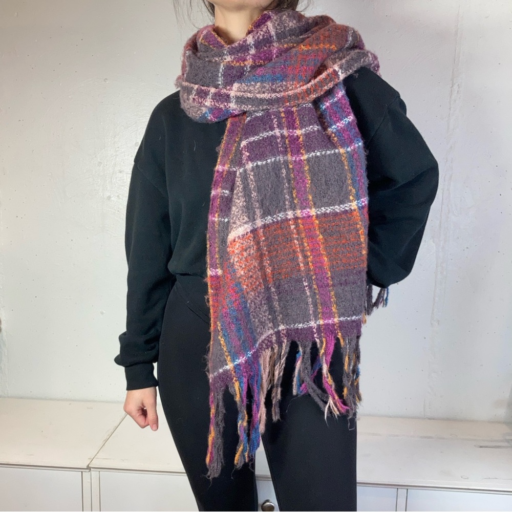 Soft Pink + Purple Plaid Fringe Scarf